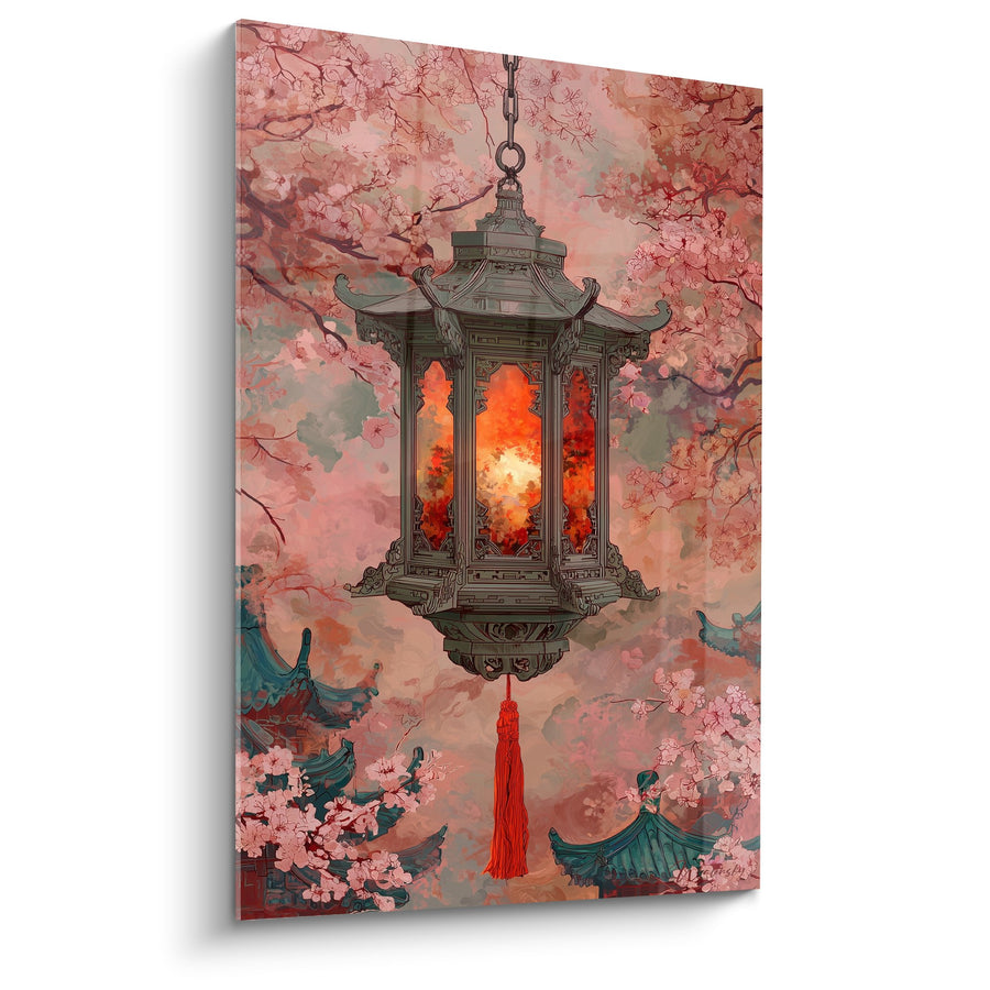 Tableau Lanterne Traditionnelle Dorée Parmi les Cerisiers Rose et Turquoise - Jardin Mystique - Edition Lanterne