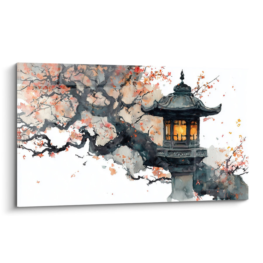 Tableau lanterne japonaise sous cerisier en fleurs aux tons corail et gris - Sérénité Orientale - Edition Lanterne