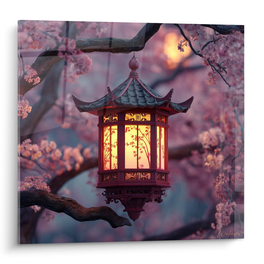 Tableau Lanterne Japonaise Illuminée sous Cerisier en Fleurs Rose - Lumière d'Orient - Edition Lanterne