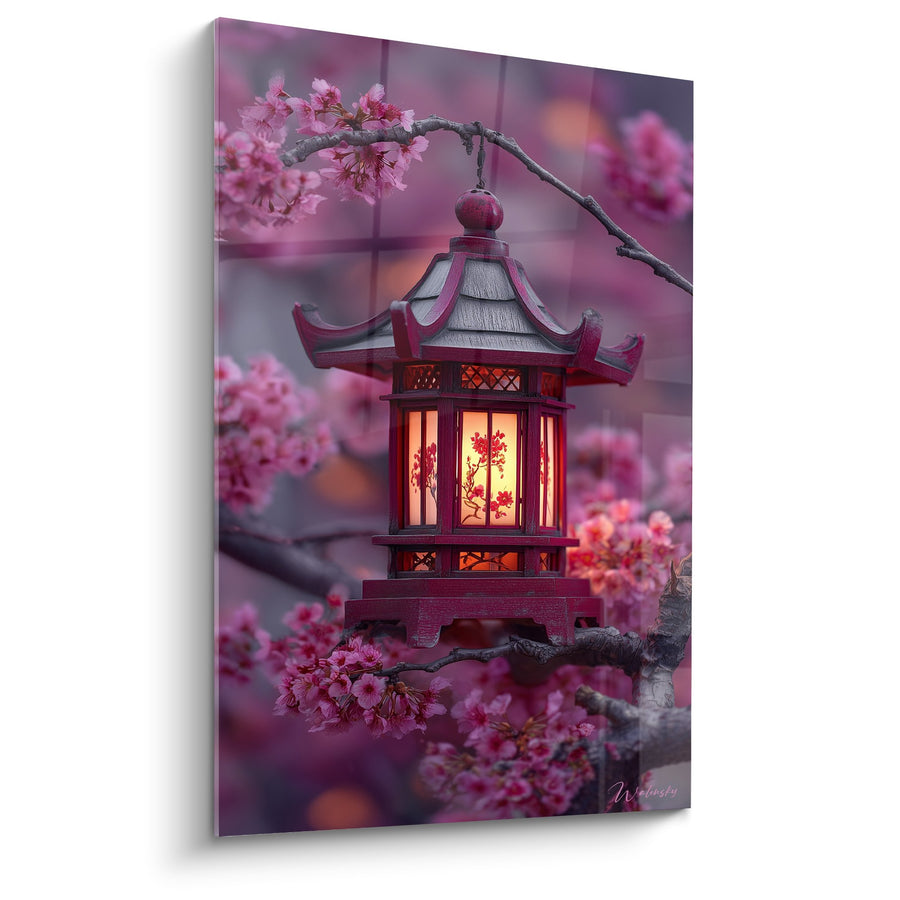 Tableau lanterne japonaise illuminée parmi les fleurs de cerisier roses - Lumière dorée au crépuscule - Edition Lanterne