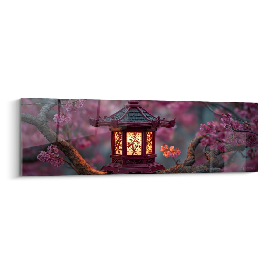 Tableau Lanterne Japonaise Illuminée sur Branche de Cerisier Rose - Lumière Zen - Edition Lanterne