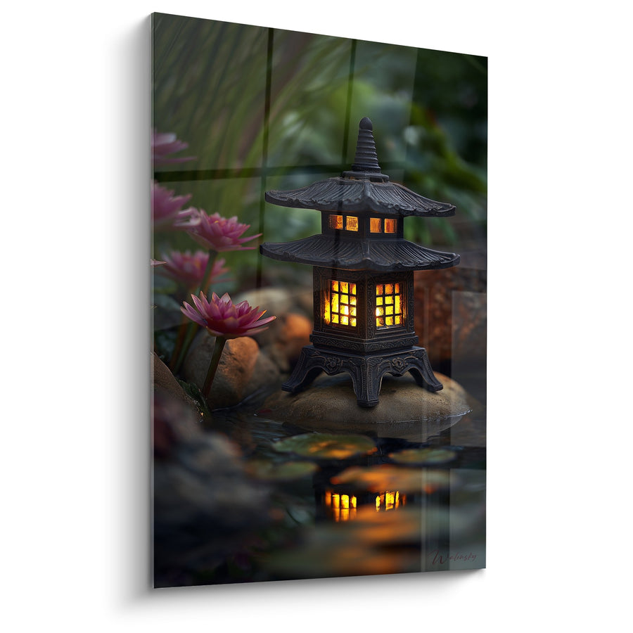 Tableau lanterne japonaise illuminée près d'un bassin avec fleurs de lotus roses - Sérénité nocturne - Edition Lanterne