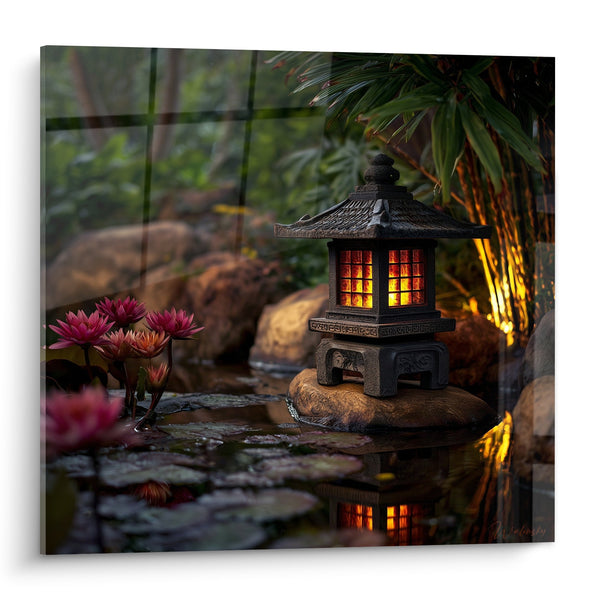 Tafel Japanse Lantaarn Verlicht met Gouden Reflecties op Vijver - Zen Rust - Editie Lantaarn