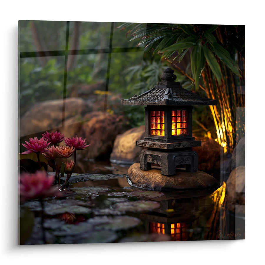 Tableau Lanterne Japonaise Illuminée aux Reflets Dorés sur Bassin - Sérénité Zen - Edition Lanterne