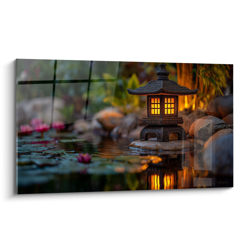 Tableau Lanterne Japonaise Illuminée dans Jardin Aquatique - Sérénité Orientale - Edition Lanterne