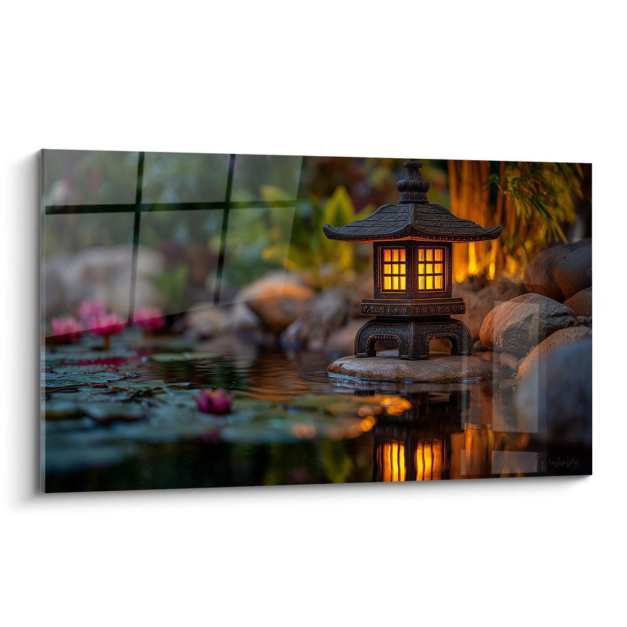 Tableau Lanterne Japonaise Illuminée dans Jardin Aquatique - Sérénité Orientale - Edition Lanterne