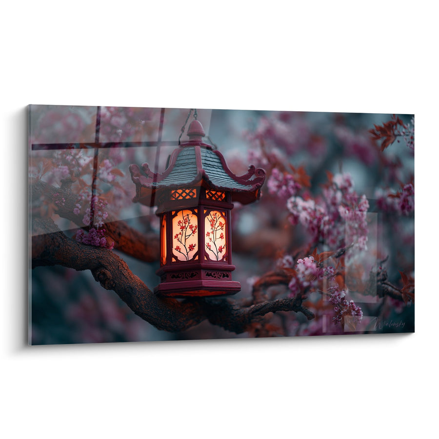 Tableau Lanterne Japonaise Illuminée sur Branche de Cerisier en Fleurs - Lumière du Soir - Edition Lanterne