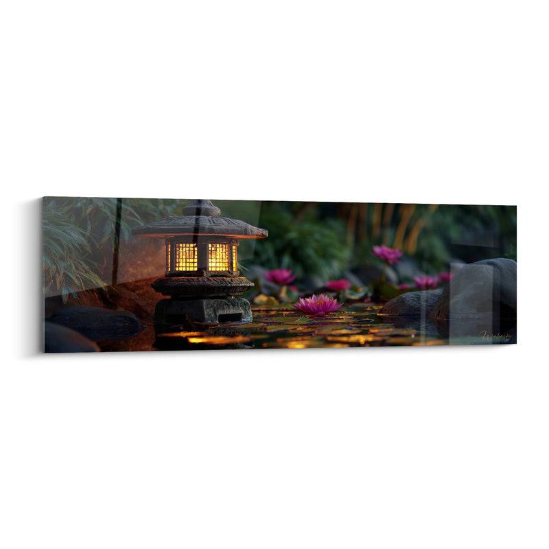 Tableau Lanterne Japonaise Illuminée au Crépuscule avec Nénuphars Roses - Sérénité Zen - Edition Lanterne