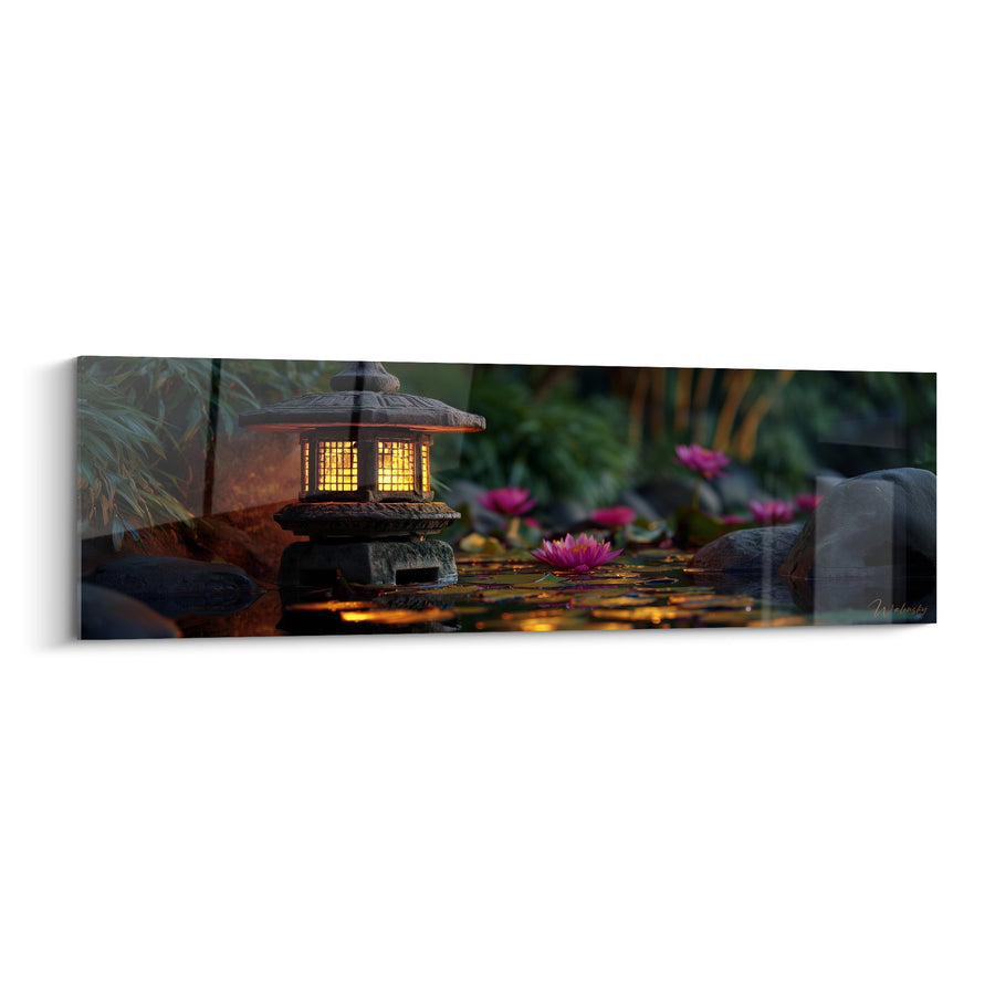 Tableau Lanterne Japonaise Illuminée au Crépuscule avec Nénuphars Roses - Sérénité Zen - Edition Lanterne