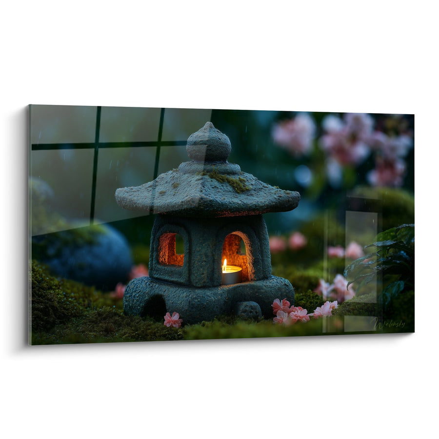 Tableau Lanterne Japonaise en Pierre avec Lumière Dorée et Fleurs de Cerisier - Sérénité Zen - Edition Lanterne