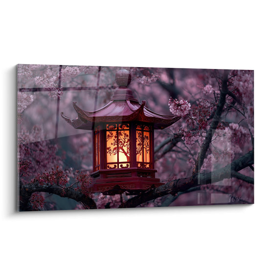 Schilderij Japanse lantaarn verlicht tussen roze kersenbloesems - Mystiek licht - Editie Lantaarn