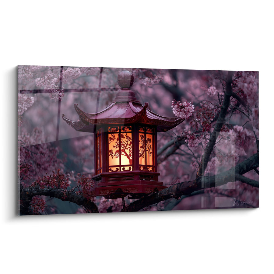 Tableau lanterne japonaise illuminée entre cerisiers roses - Lumière mystique - Edition Lanterne