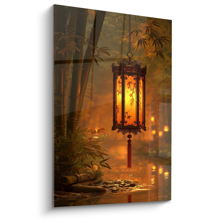 Tableau Lanterne Orientale Dorée Suspendue dans Jardin de Bambous - Lumière Mystique - Edition Lanterne