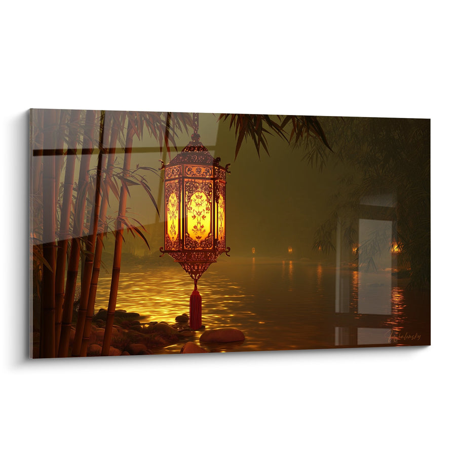 Tableau Lanterne Orientale Dorée sur Eau Nocturne - Mystère des Mille et Une Nuits - Edition Lanterne