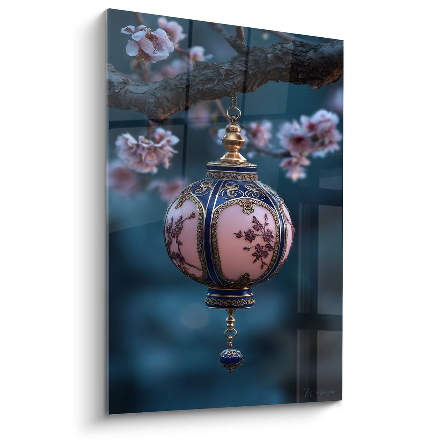 Tableau Lanterne Rose et Bleue Suspendue aux Fleurs de Cerisier - Harmonie Orientale - Edition Lanterne