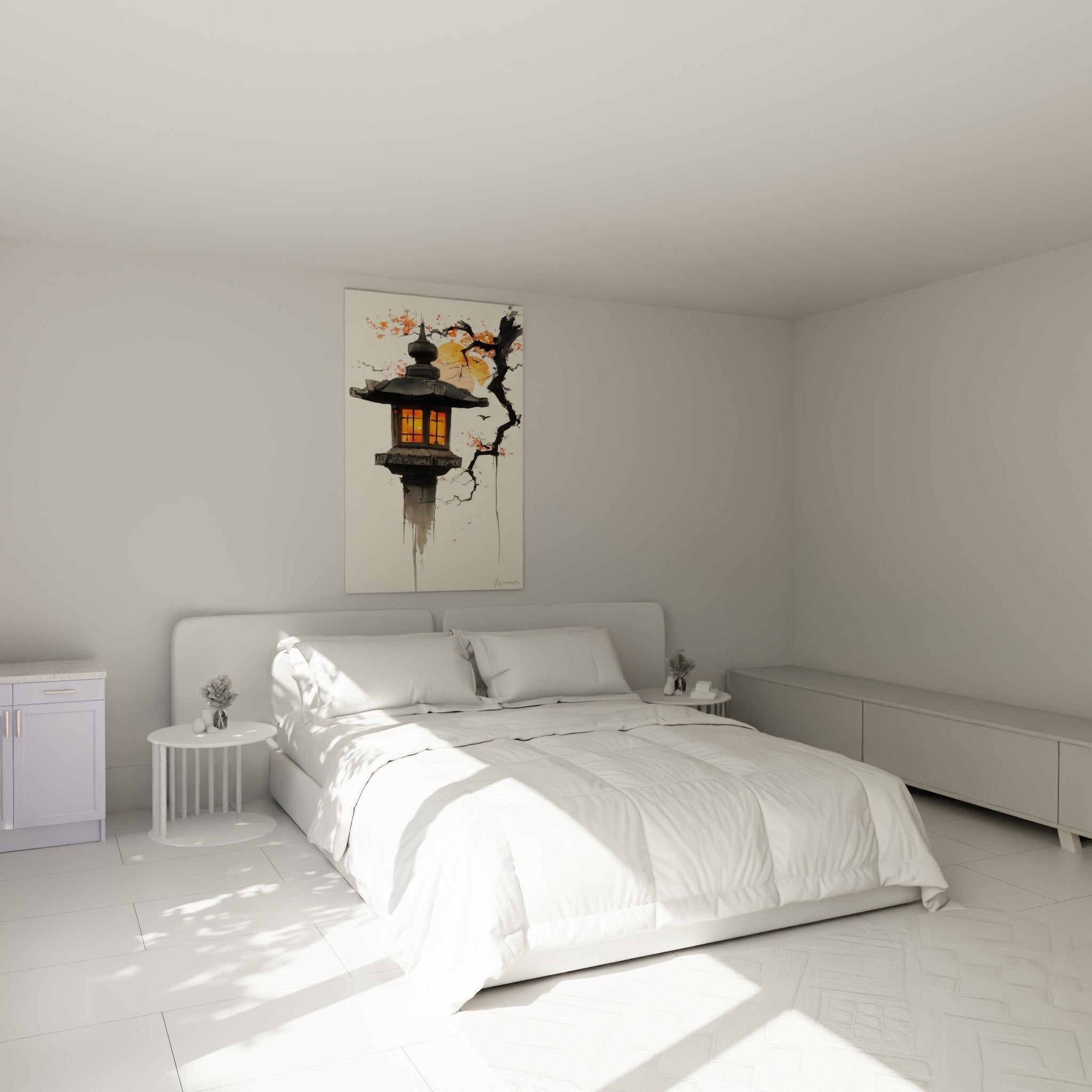Lanterne traditionnelle japonaise lumiere doree decoration murale chambre ambiance zen cerisiers fleurs