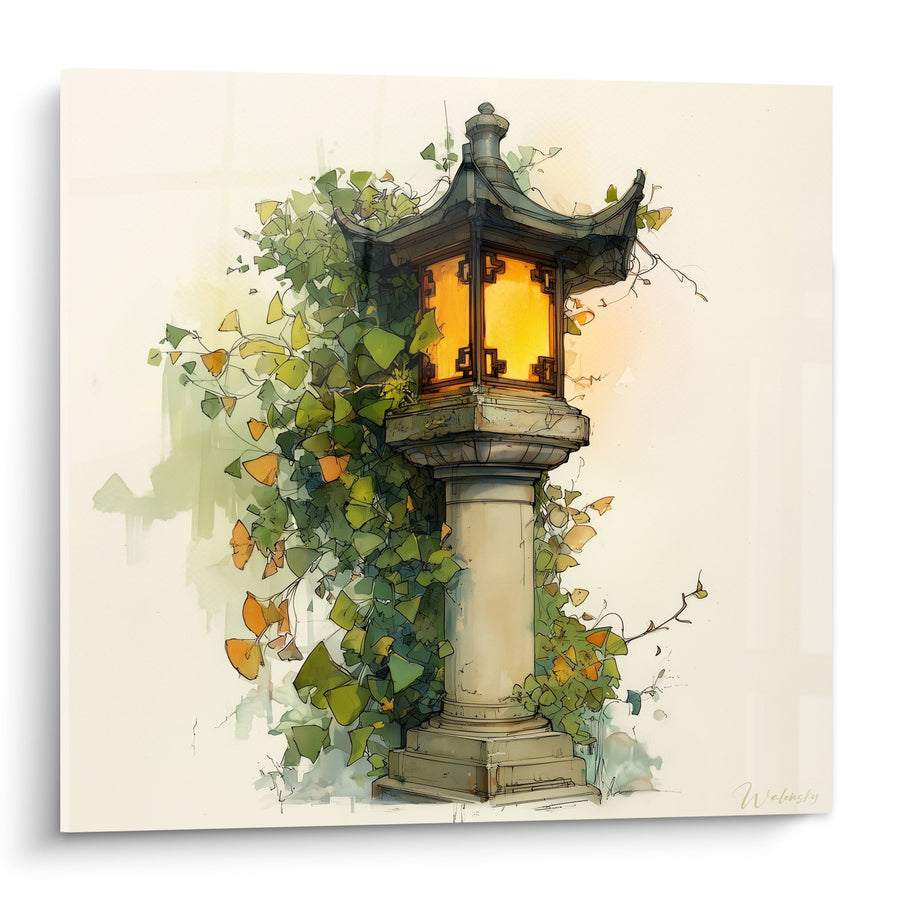 Tableau Lanterne Traditionnelle Illuminée avec Végétation Luxuriante - Lumière du Soir - Edition Lanterne