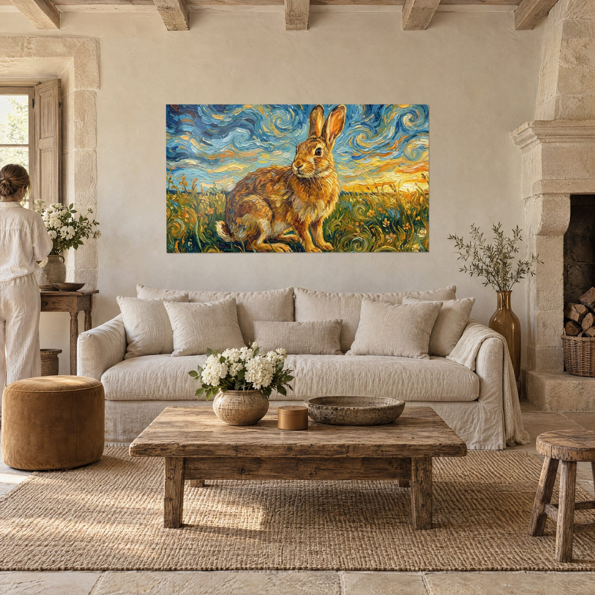 Wall art brown rabbit sitting in a sky of swirling blue and gold, gazed at by a woman, above a sofa in a bright living room