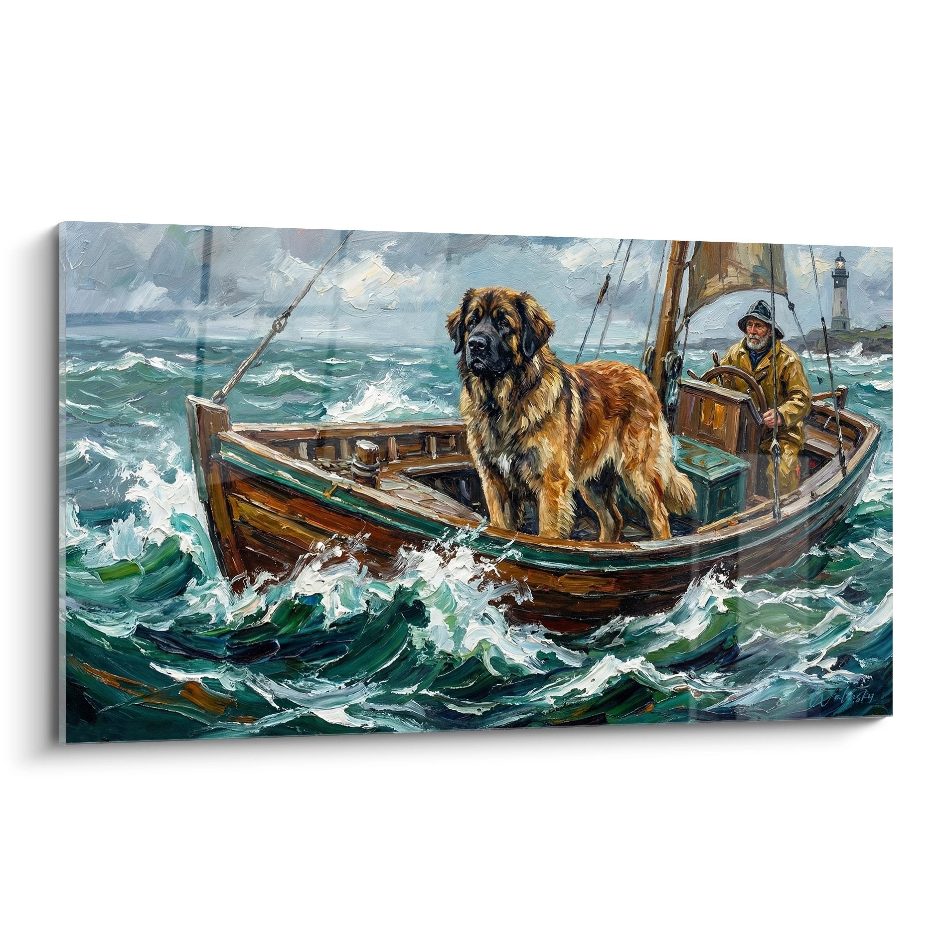 Tableau leonberg chien sur bateau peche mer agitee vagues ecume marin phare tempete maritime