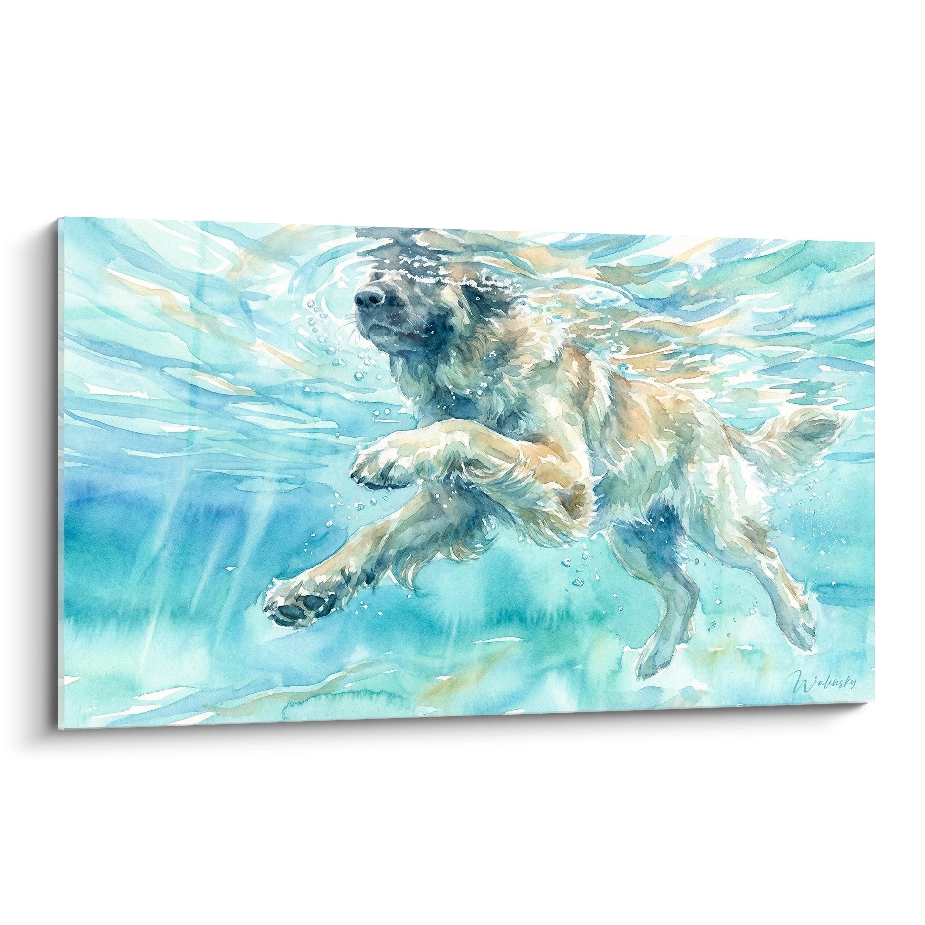 Tableau aquatique Leonberg nageant sous l'eau aux tons turquoise et dorés, bulles d'air, peinture réaliste