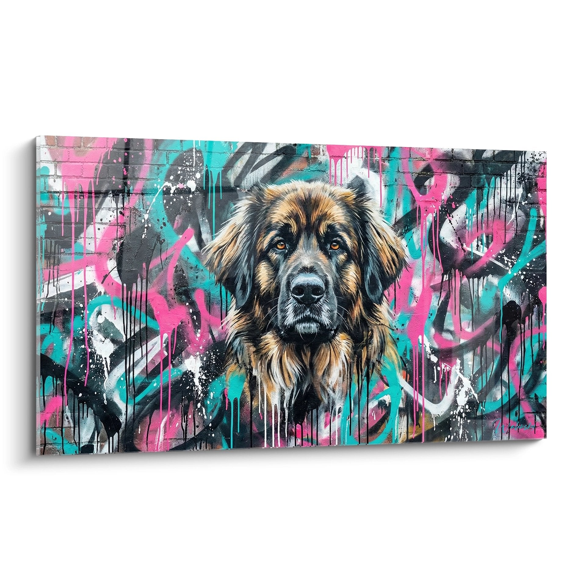Portrait de Leonberg réaliste sur fond grafitti rose et turquoise avec coulures de peinture urbaine contemporaine