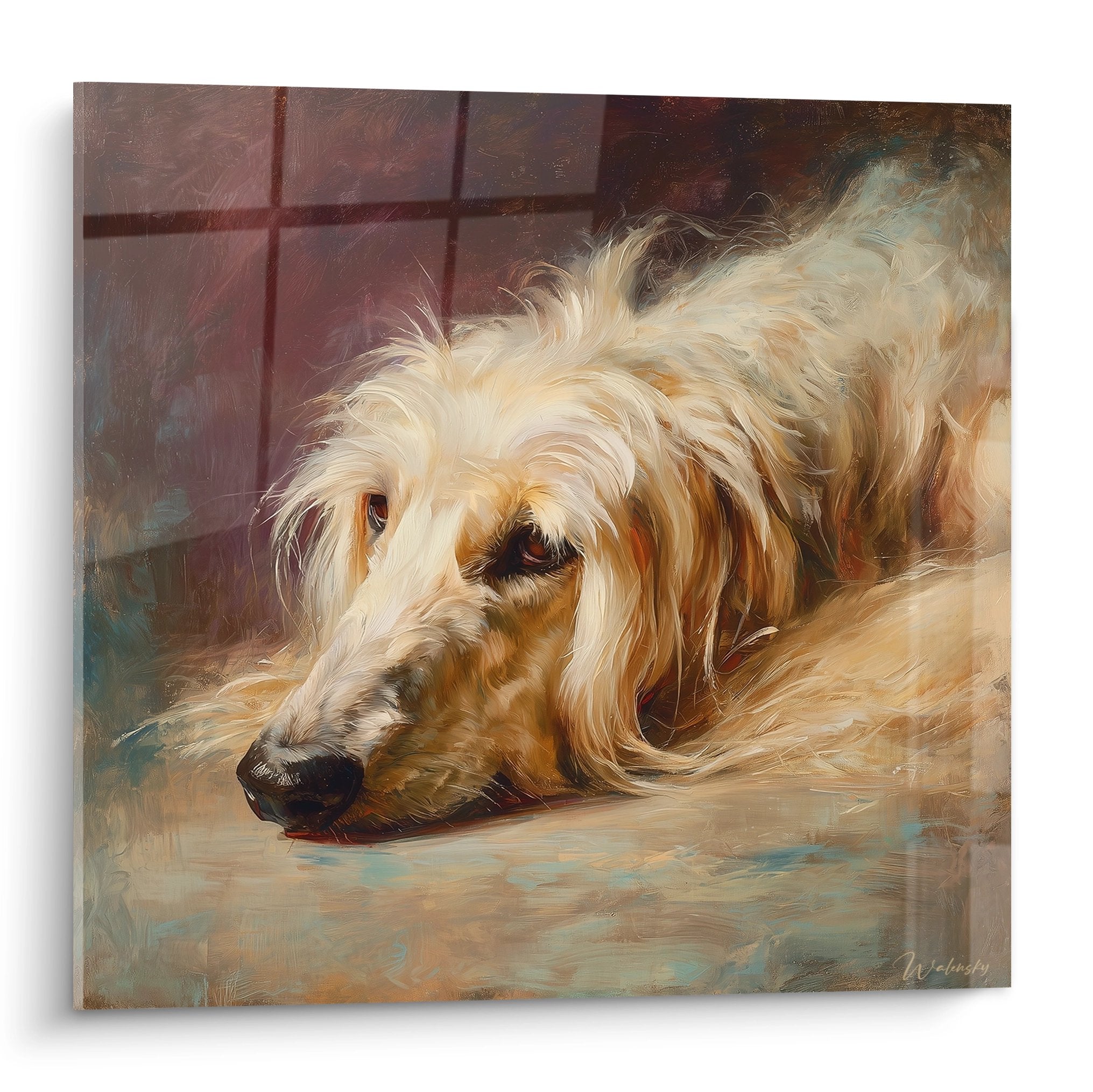 Peinture d'un lévrier afghan doré allongé dans une pose contemplative sur fond flou brun