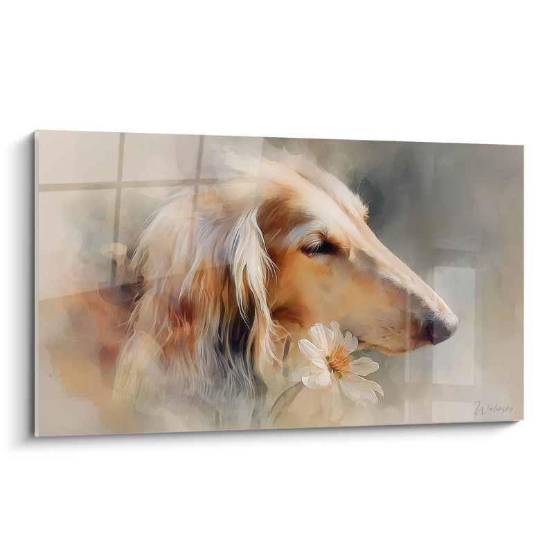 Afghanischer Windhund Gemälde mit Goldtönen und weißer Blume - Künstlerische Sanftheit - Edition Afghanischer Windhund
