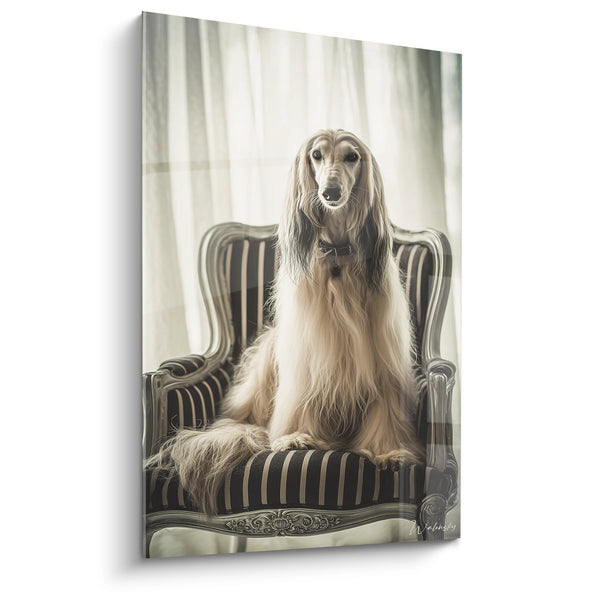 Cuadro de Lebrel Afgano Elegante en Sillón Rayado - Retrato Noble - Edición Lebrel Afgano