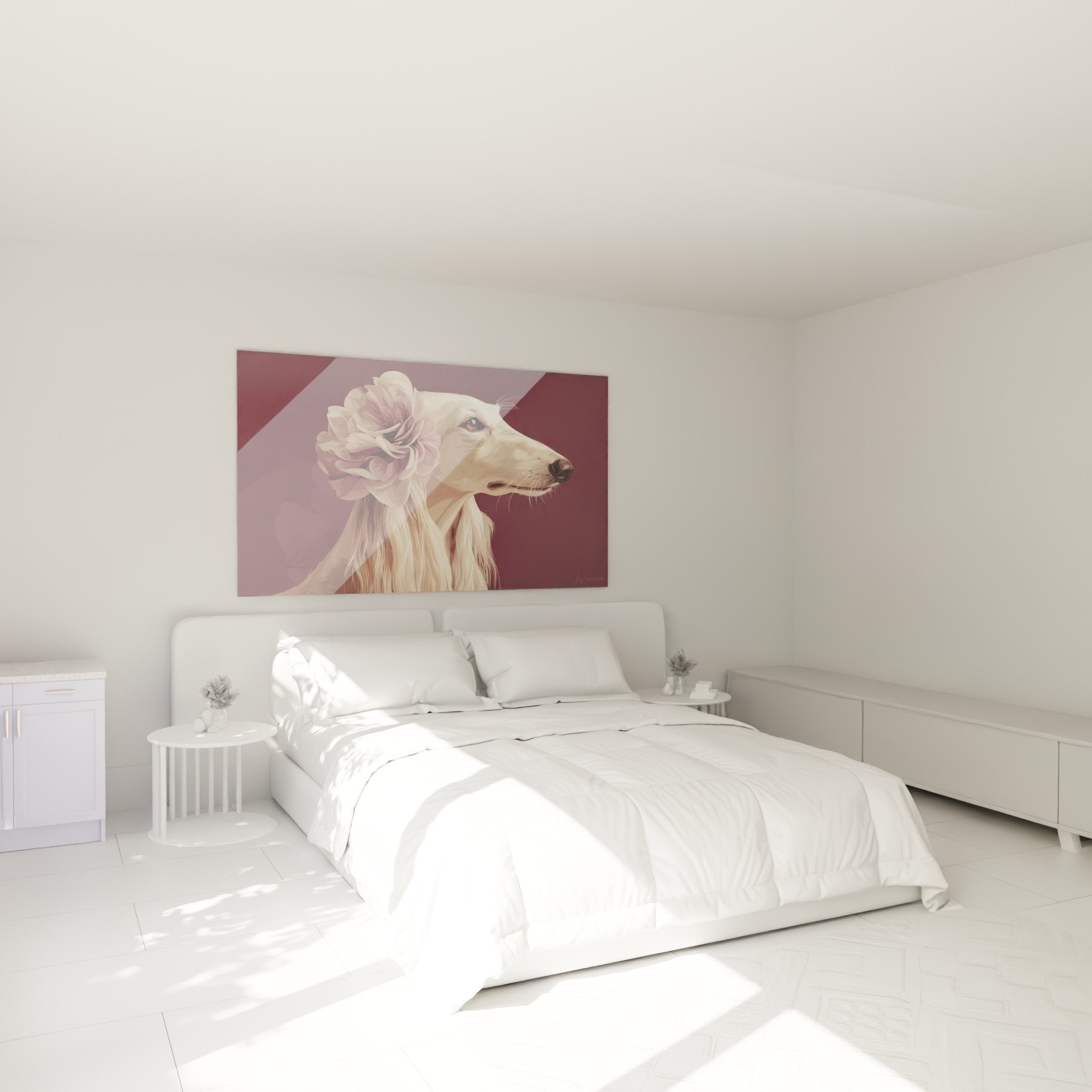 Tableau levrier afghan fleur mauve accroche au mur chambre decoration murale chic poudrée