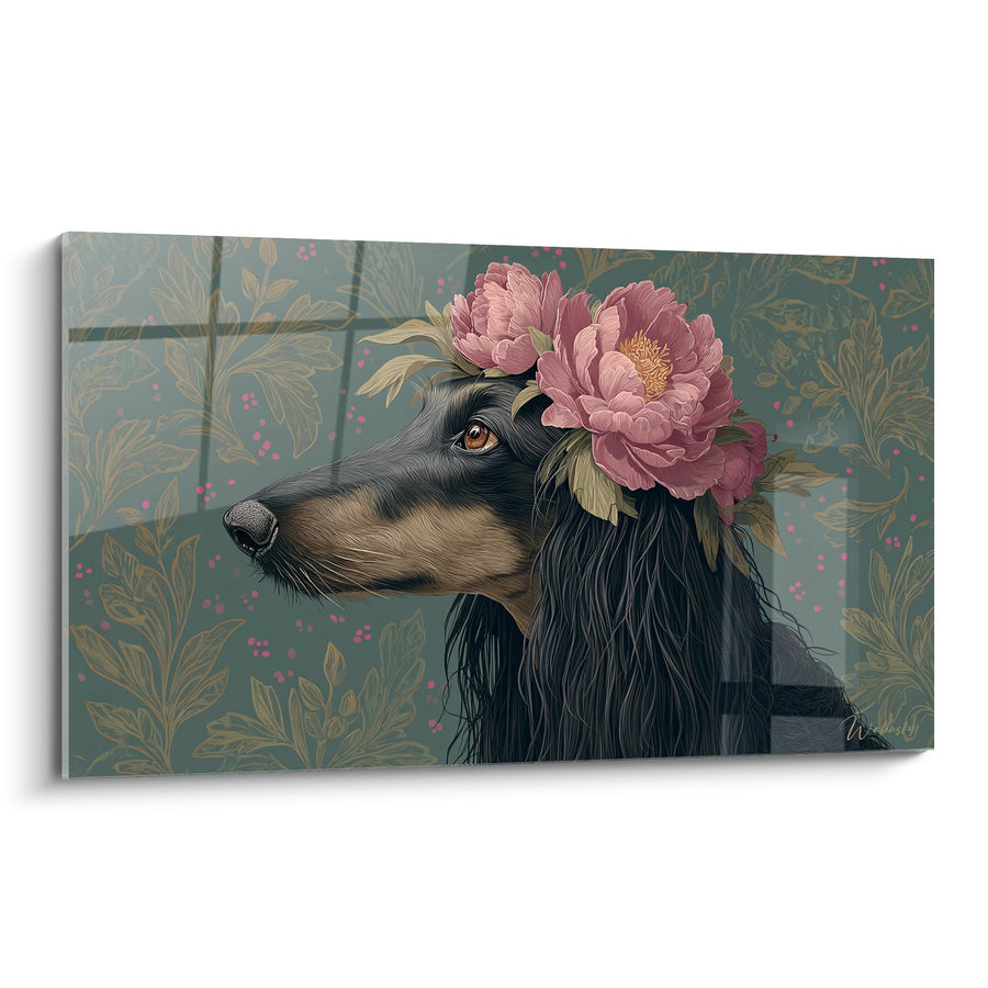 Tableau Lévrier Afghan Noir aux Pivoines Roses - Portrait Fleuri - Edition Lévrier Afghan