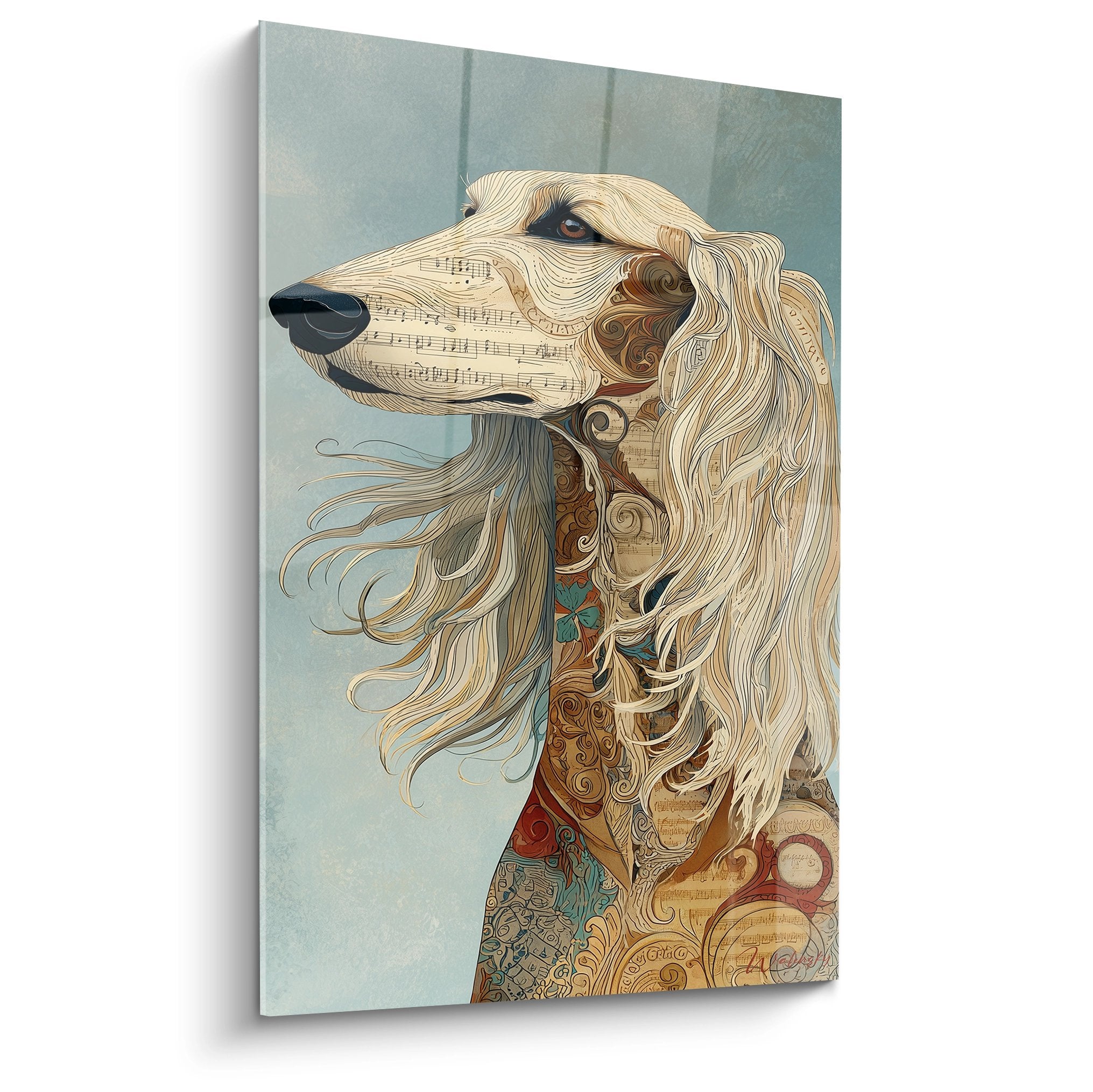 Portrait ornemental de lévrier afghan aux motifs musicaux dorés sur fond bleu-gris poudré