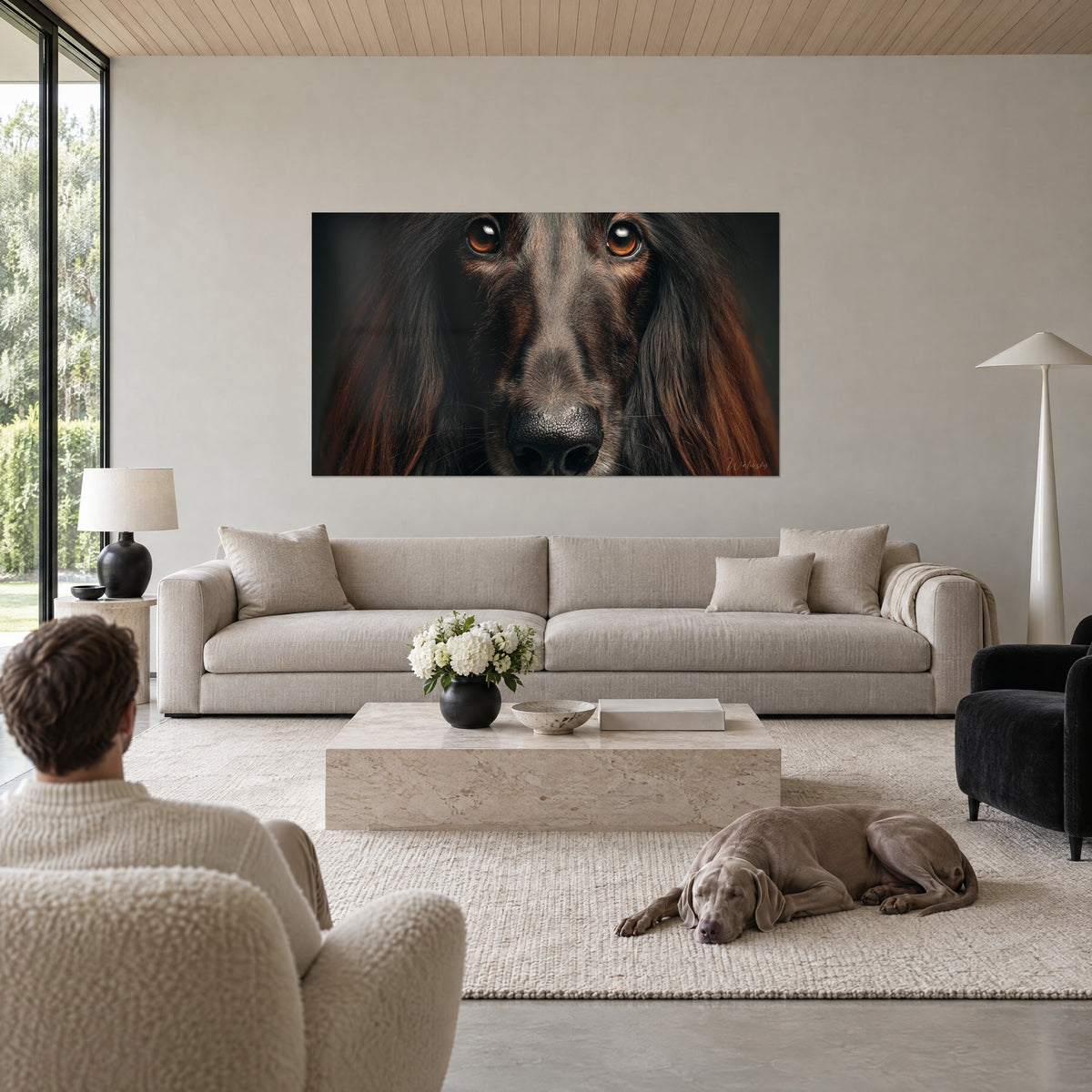 Cuadro galgo afgano de mirada ámbar y pelaje burdeos oscuro, un hombre de espaldas y un Weimaraner, encima de un sofá en un salón luminoso
