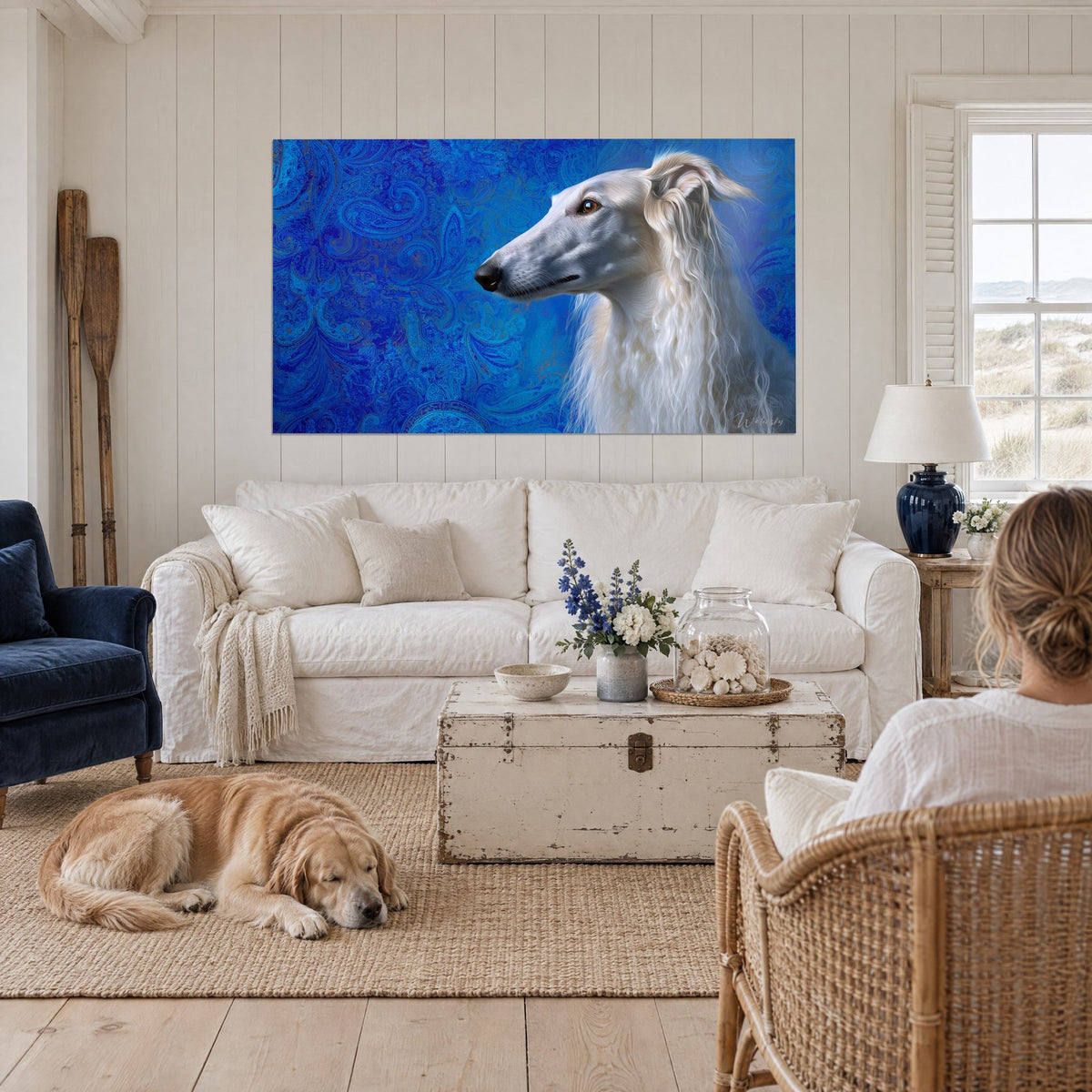 Wall art white Borzoi greyhound with a fine muzzle, blue paisley background, on a panelled wall above a sofa in a bright living room