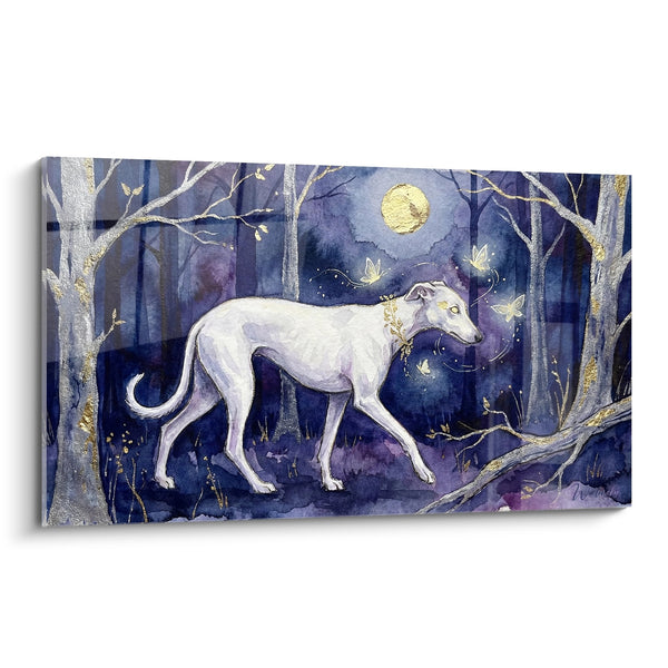 Quadro Levriero Bianco nella Foresta Notturna Dorata - Magia Lunare - Edizione Levriero Greyhound