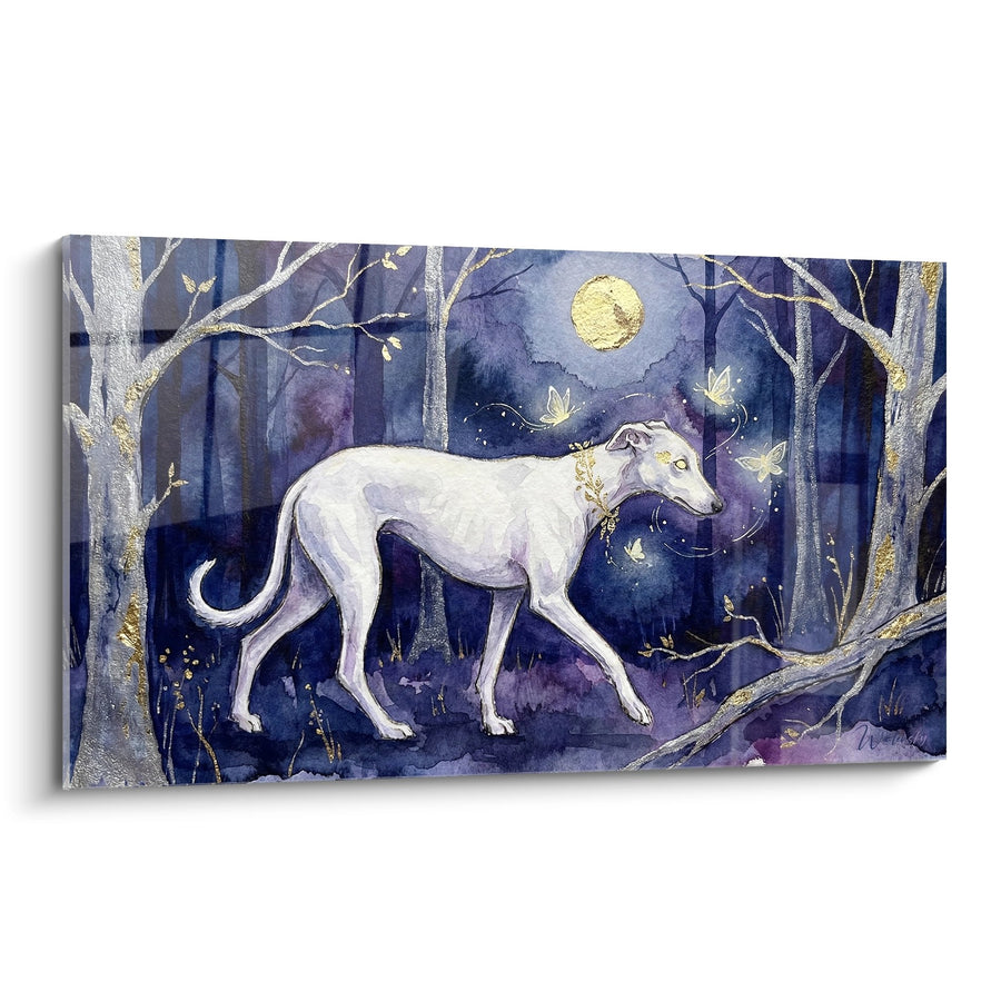 Tableau Lévrier Blanc dans Forêt Nocturne Dorée - Magie Lunaire - Edition Lévrier Greyhound
