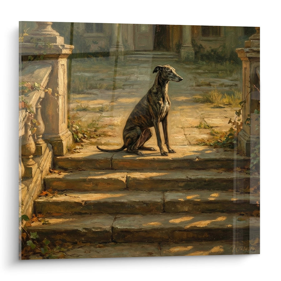 Gemälde Windhund Gestromt auf Steintreppe - Aristokratische Einsamkeit - Windhund Greyhound Edition