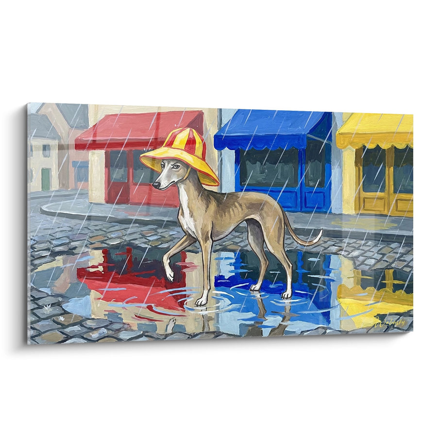 Tableau Lévrier sous la Pluie avec Chapeau Jaune et Rouge - Scène de Rue Colorée - Edition Lévrier Greyhound