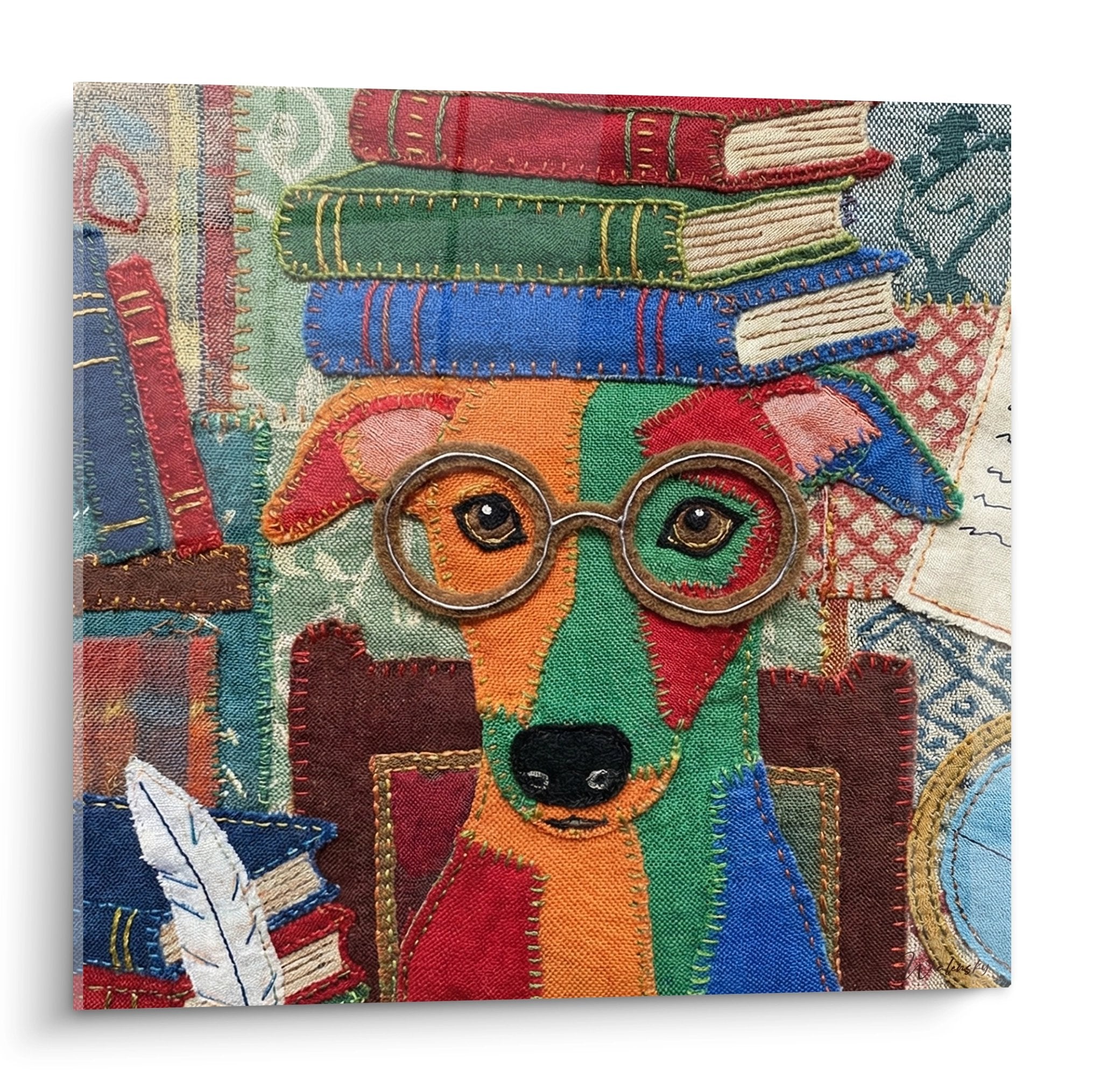 Tableau textile patchwork représentant un lévrier greyhound avec lunettes rondes dorées et pile de livres colorés