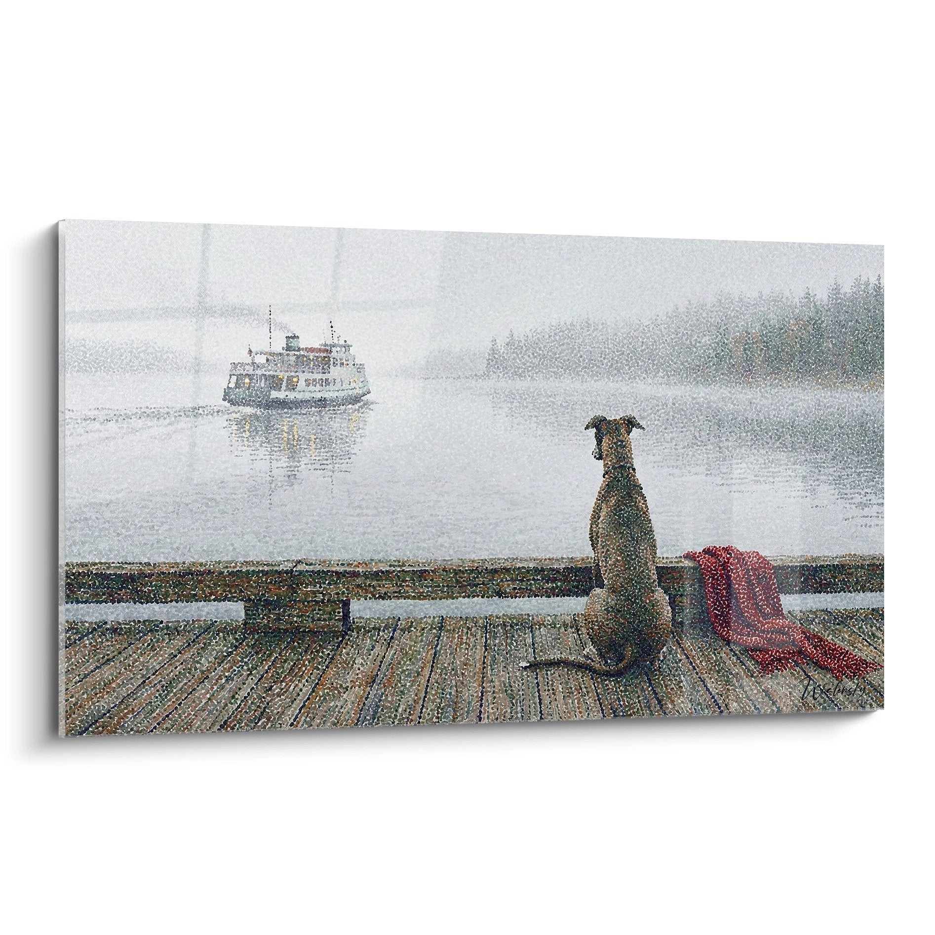 Levrier greyhound assis sur ponton regardant bateau brume gris rouge bordeaux pointillisme