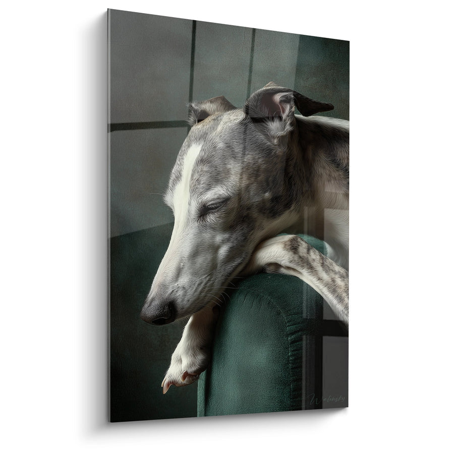 Tableau Lévrier Whippet Endormi sur Fauteuil Vert - Sérénité d'Intérieur - Edition Lévrier Whippet