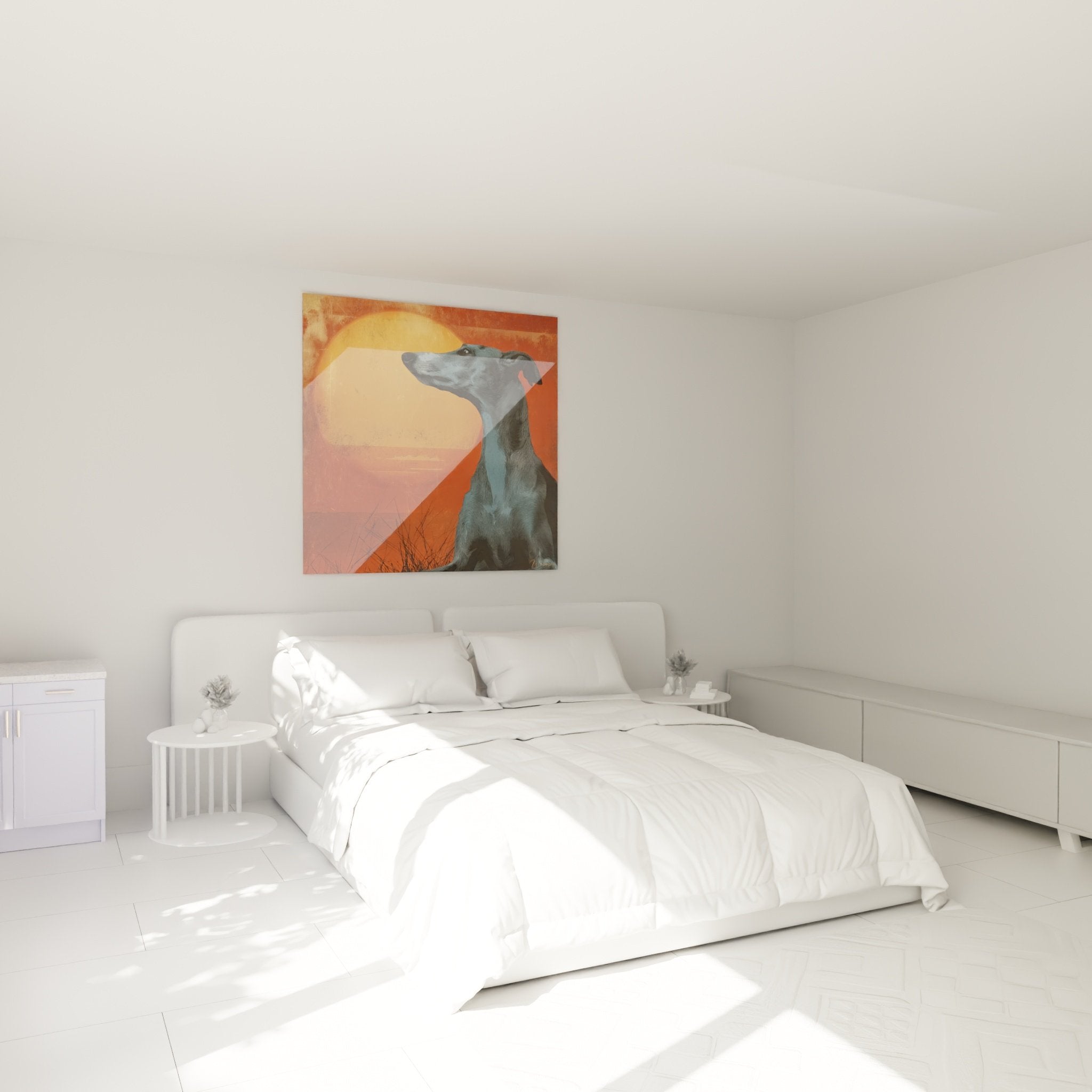 Windhund Whippet Gemälde Sonnenuntergang im modernen Schlafzimmer, Wanddekoration Hundekunst zeitgenössisches Design