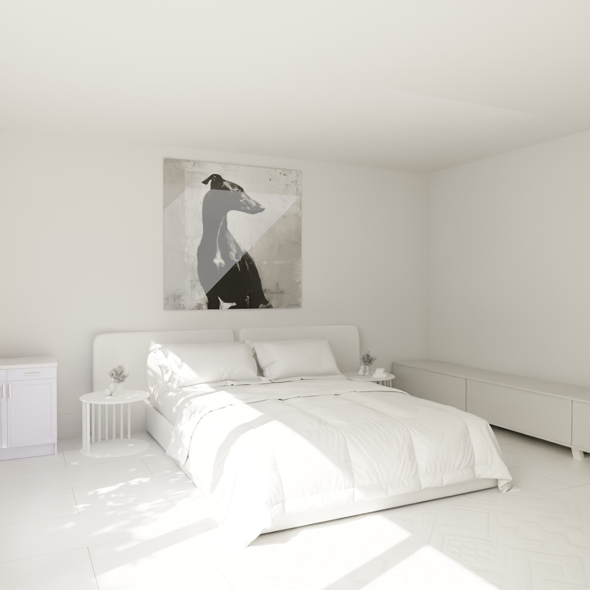 Tableau Lévrier Whippet noir et blanc dans chambre moderne, décoration murale art animalier sophistiqué