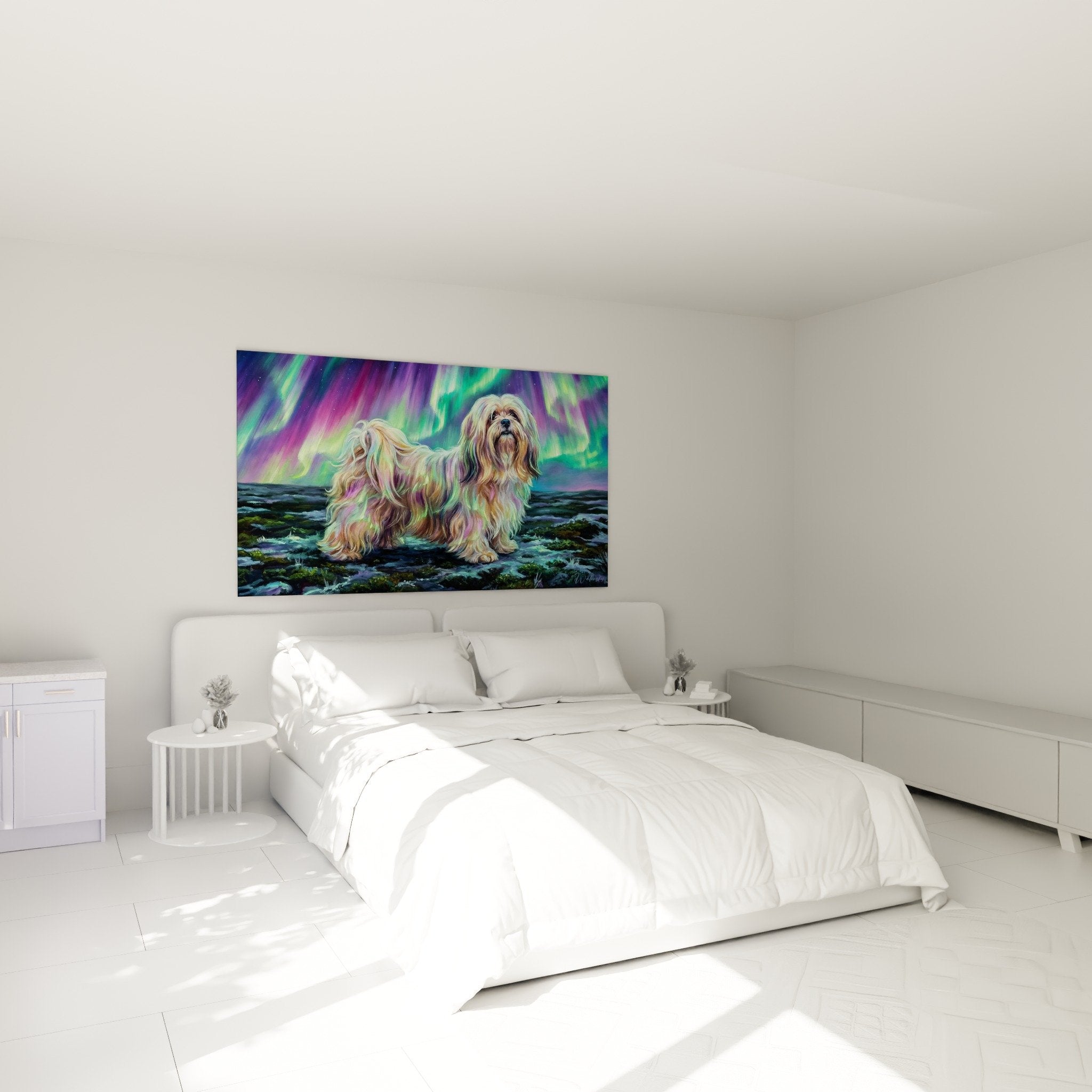 Tableau Lhassa Apso aurore boréale dans chambre moderne, décoration murale art canin irisé