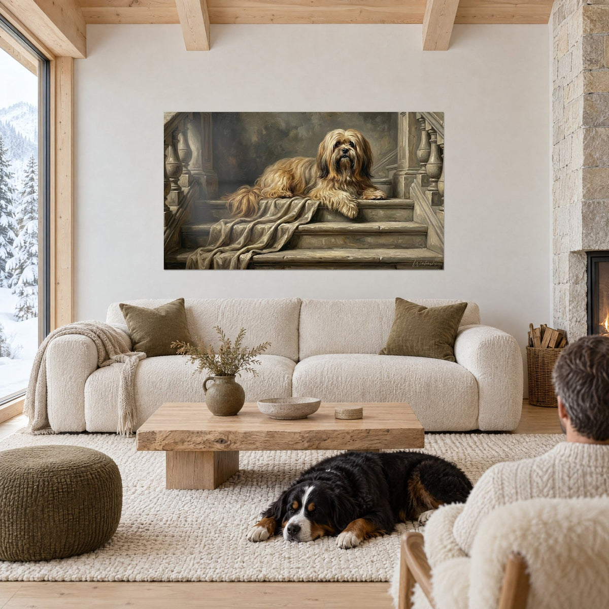 Wall art golden Lhasa Apso dog lying on stone steps, grey-green draping, above a sofa in a bright living room