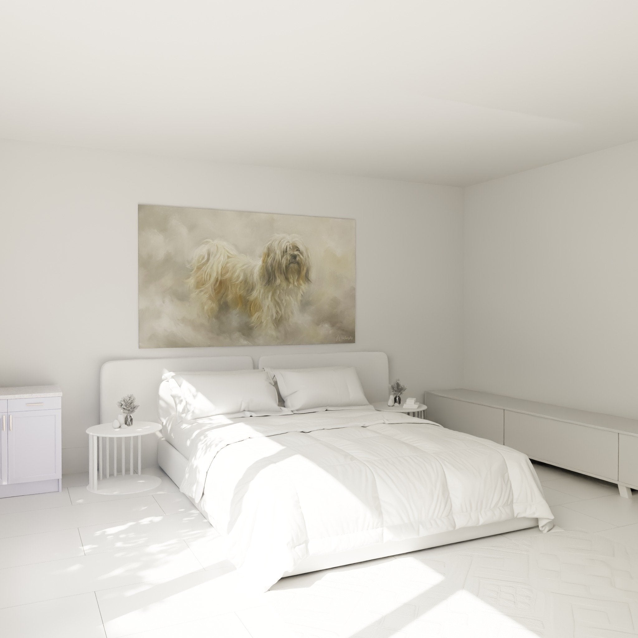 Tableau Lhassa Apso tons dorés exposé dans chambre moderne aux murs clairs et mobilier épuré