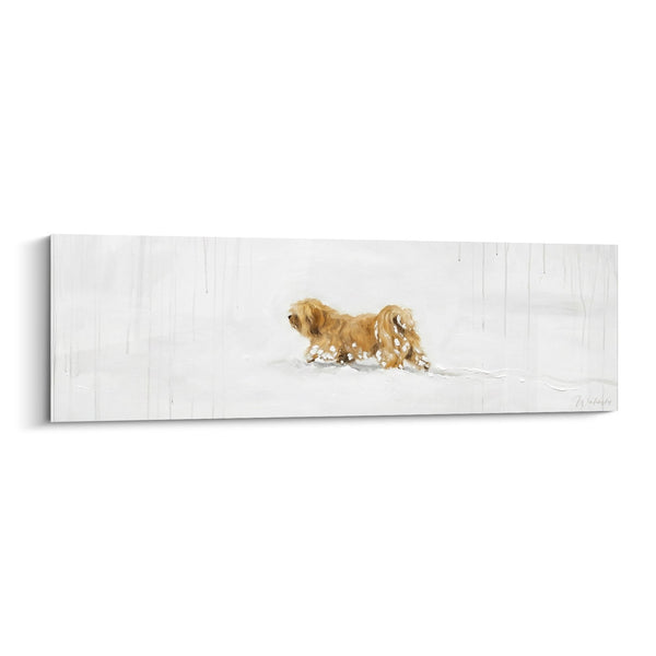 Gemälde Goldener Hund läuft im Schnee - Winterliche Flucht - Lhassa Apso Edition