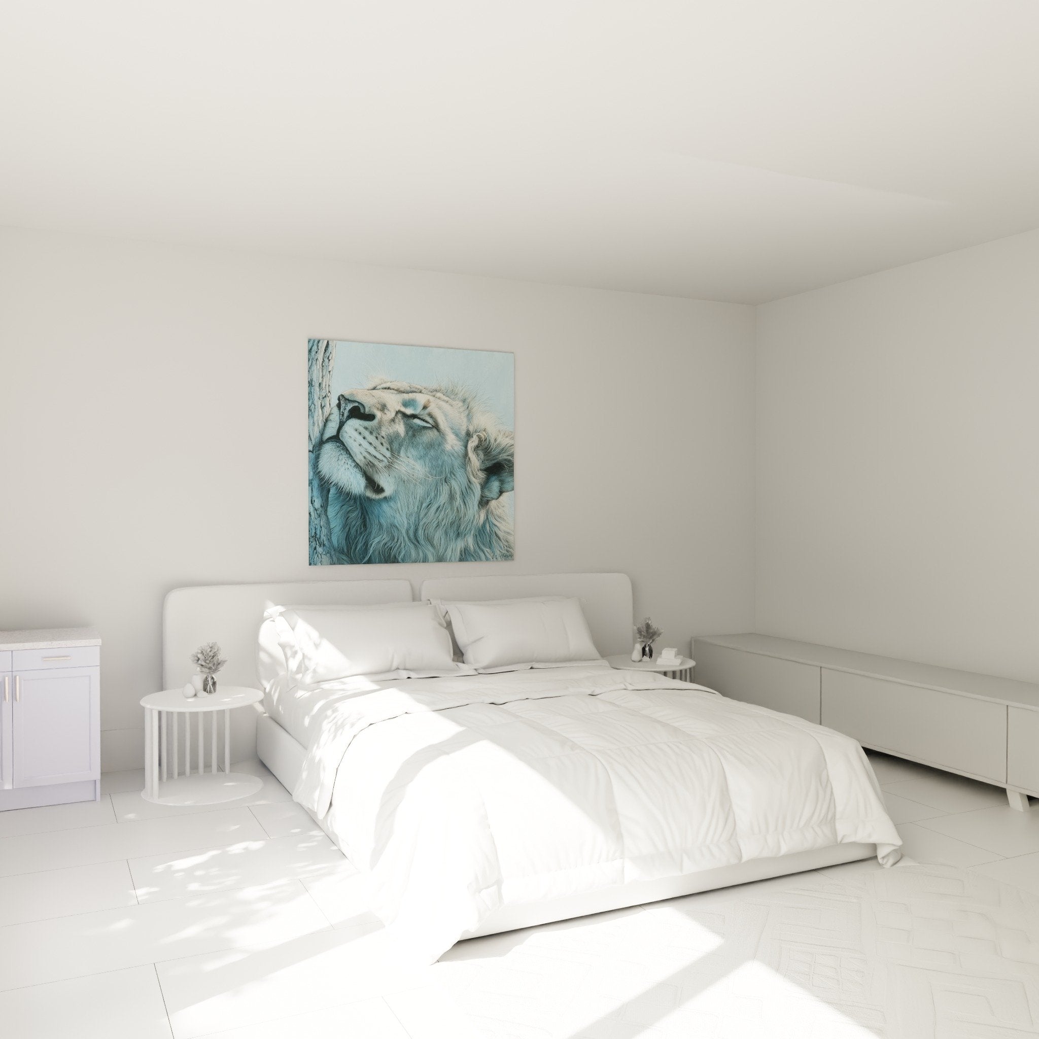 Lion bleu contemplatif decoration chambre ambiance apaisante art mural animalier
