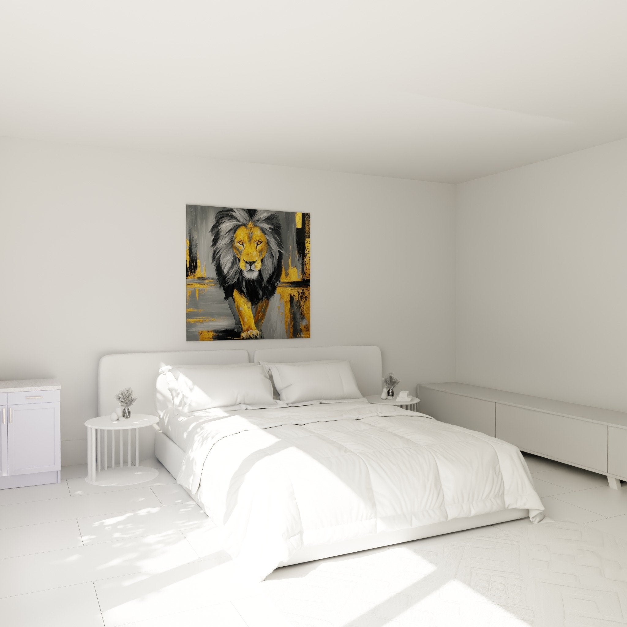 Goldenes Löwe-Gemälde im modernen Schlafzimmer, elegante Wanddekoration mit kontrastierenden warmen und kalten Tönen