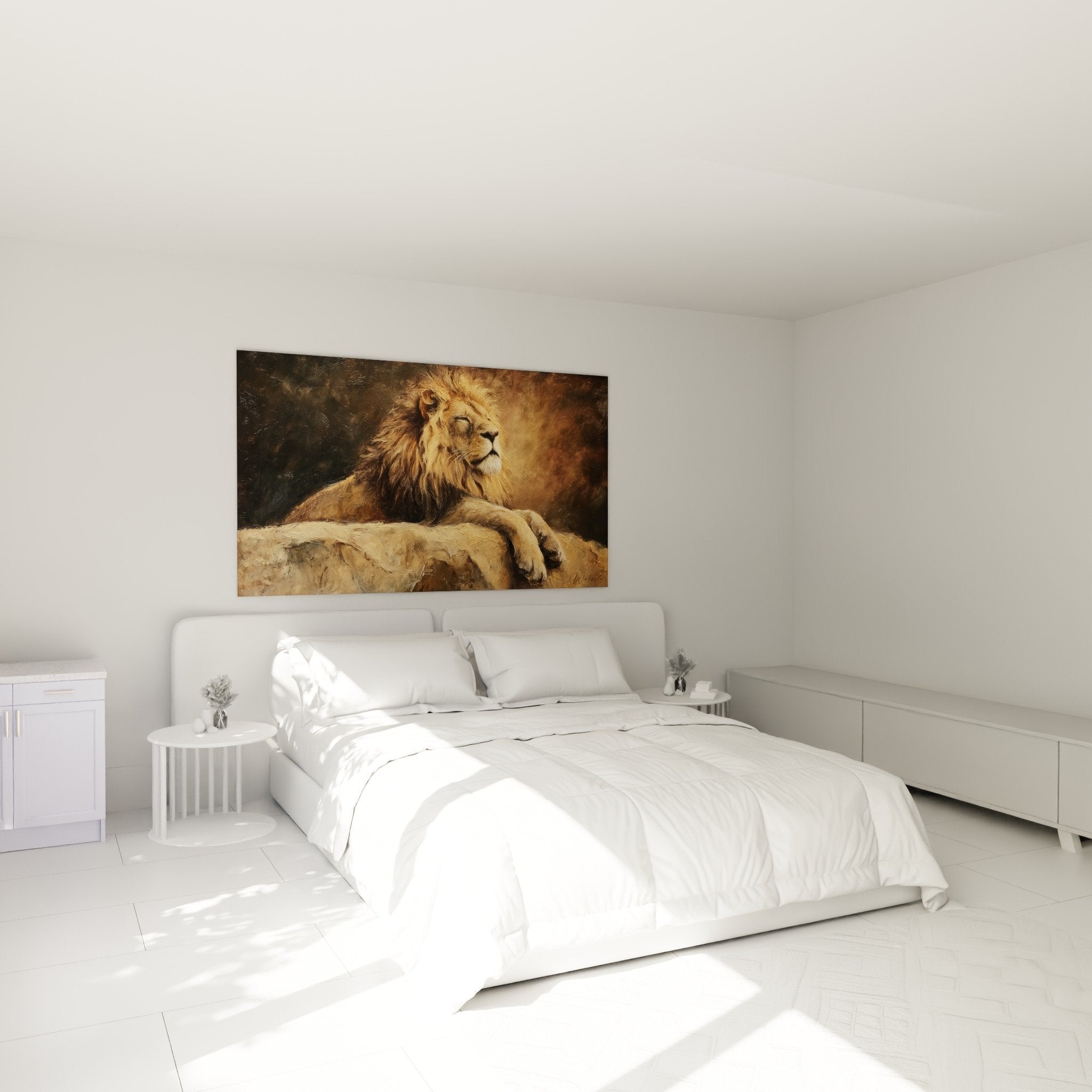 Tableau lion doré dans chambre moderne, ambiance chaleureuse avec tons beiges et mobilier en bois