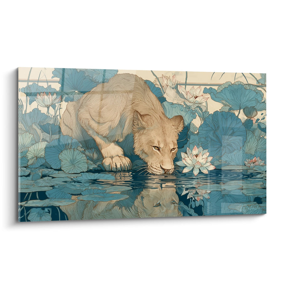 Tableau Lion doré buvant parmi les nénuphars bleus et lotus blancs - Sérénité aquatique - Edition Lion